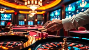 Engaging scene of game bài đổi thưởng with poker chips and cards in a luxurious casino setting.