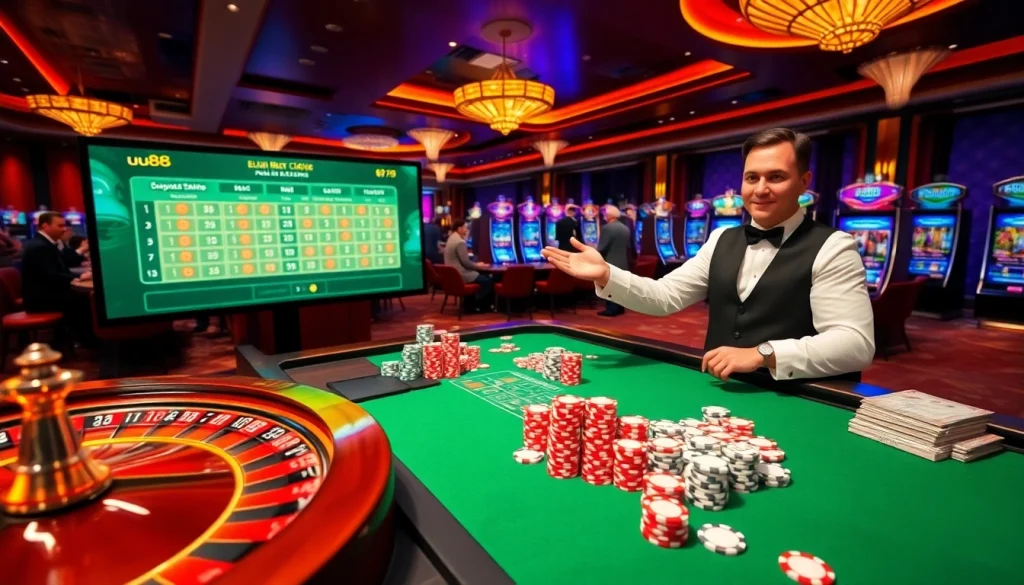 Engaging players at uu88 online casino with a roulette wheel and vibrant betting atmosphere.