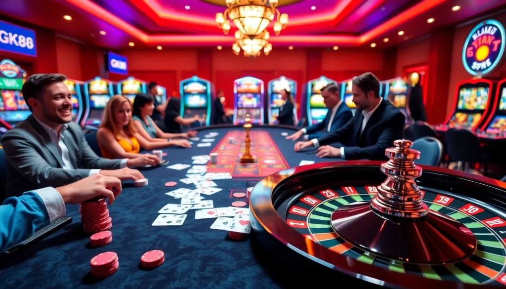 Players engaging with GK88 at a lively casino table filled with poker chips and cards.