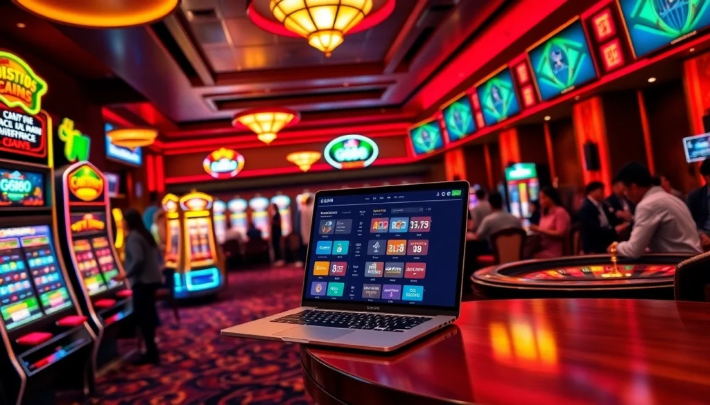 Players enjoying the thrill of GG88 gaming with vibrant slot machines and roulette wheels.