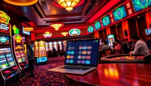 Players enjoying the thrill of GG88 gaming with vibrant slot machines and roulette wheels.