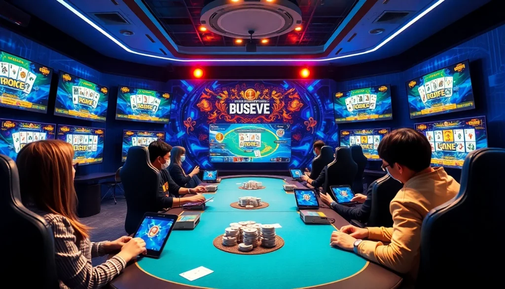 Exciting online gaming scene showcasing game bài đổi thưởng with players, vibrant colors, and digital elements.