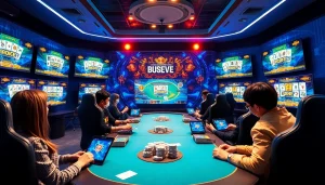 Exciting online gaming scene showcasing game bài đổi thưởng with players, vibrant colors, and digital elements.