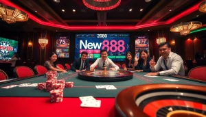 Experience the excitement of New888 as players engage at a luxurious casino table with poker chips and roulette.