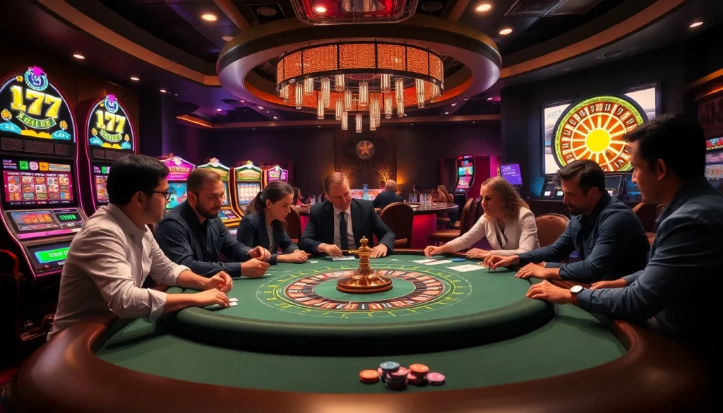 SODO casino scene with players engaged at a luxury table, betting chips, and vibrant slot machines.