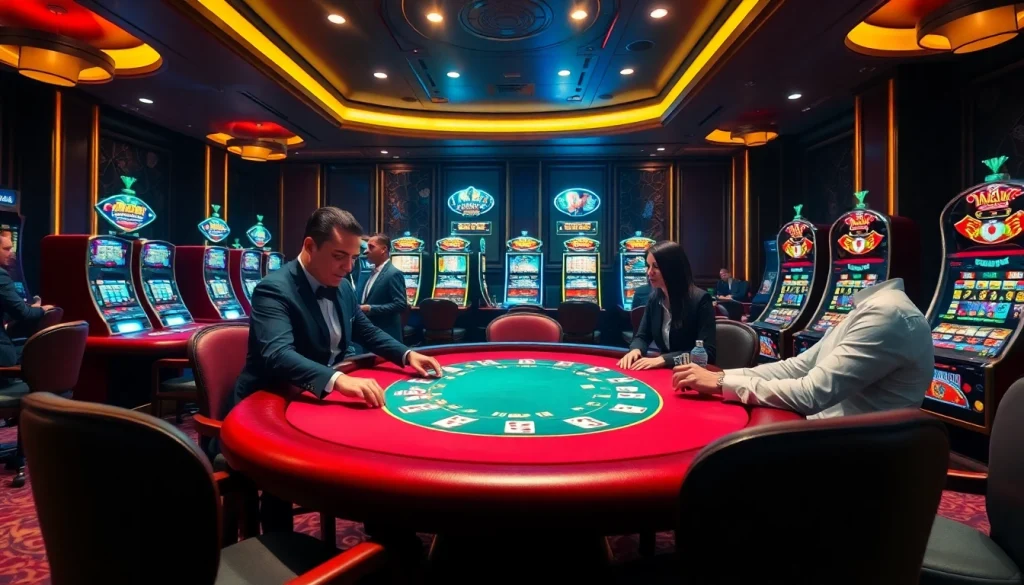 Engaging players strategizing at MK8’s elegant casino tables, showcasing the thrill of gambling.