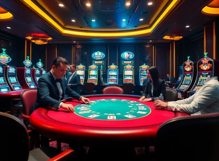 Engaging players strategizing at MK8’s elegant casino tables, showcasing the thrill of gambling.