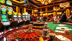 Engage in thrilling casino action at RR88 with roulette and poker tables in a vibrant setting.