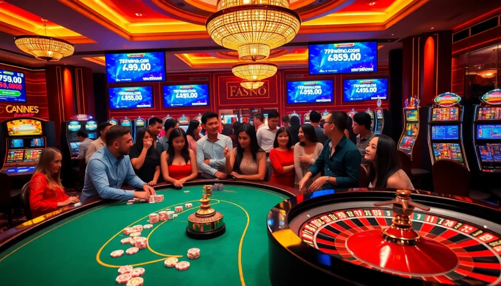 Experience thrilling casino gameplay at 789winco.com with vibrant tables, roulette wheel, and engaged players.