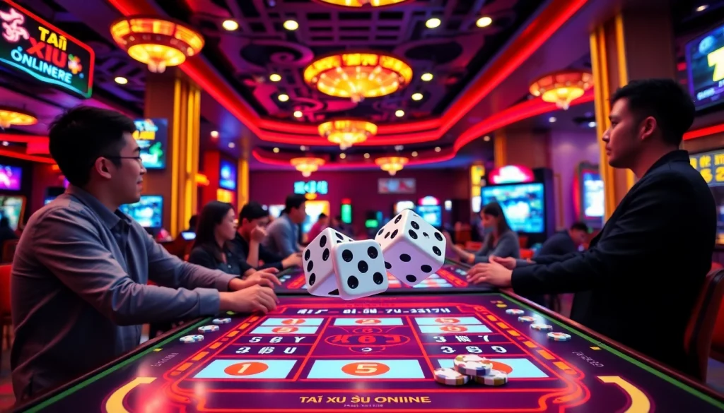 Tài Xỉu Online game in an exciting casino atmosphere with vibrant colors and dynamic players.