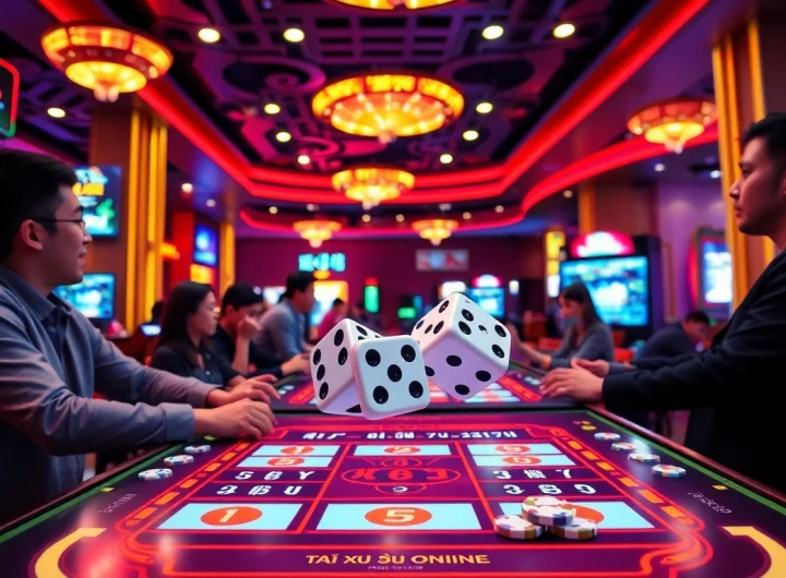 Tài Xỉu Online game in an exciting casino atmosphere with vibrant colors and dynamic players.