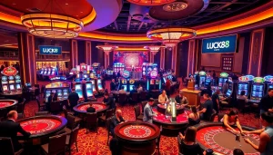 Những người cá cược hào hứng tận hưởng bầu không khí sống động tại casino LUCK8, được bao quanh bởi bàn cược và máy đánh bạc.