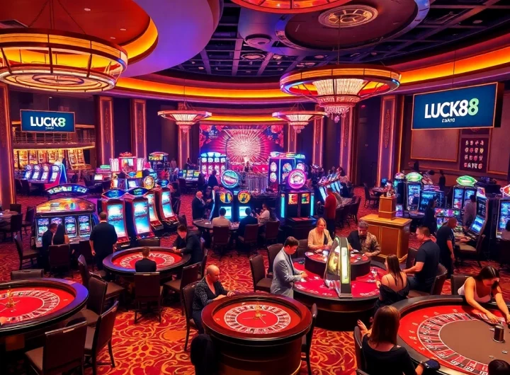Những người cá cược hào hứng tận hưởng bầu không khí sống động tại casino LUCK8, được bao quanh bởi bàn cược và máy đánh bạc.