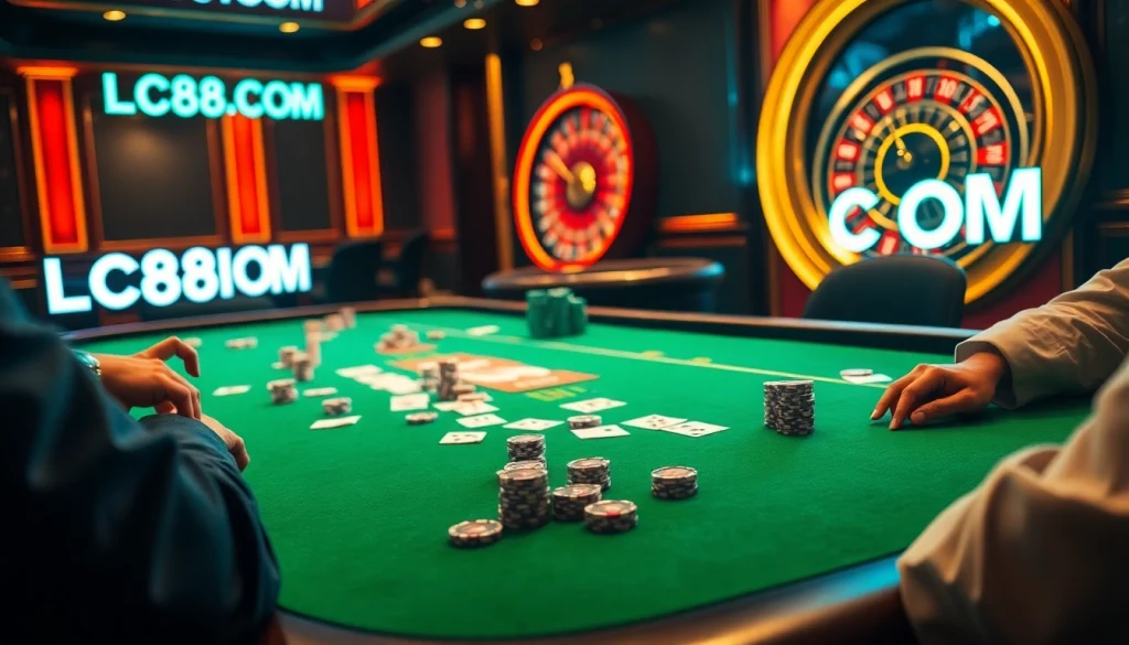 Experience high-stakes poker action at LC88 COM with vibrant chips and captivating gameplay.