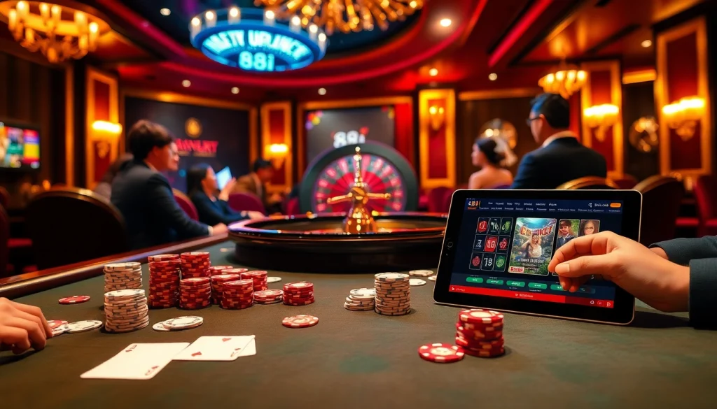 Players enjoying strategic poker with 88i poker chips illuminated in a luxurious casino setting.