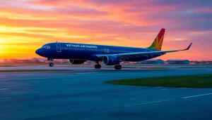 Vietnam Airlines VN168 aircraft soaring into a sunset sky above Da Nang, inspiring travel and adventure.