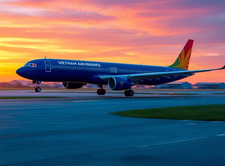 Vietnam Airlines VN168 aircraft soaring into a sunset sky above Da Nang, inspiring travel and adventure.