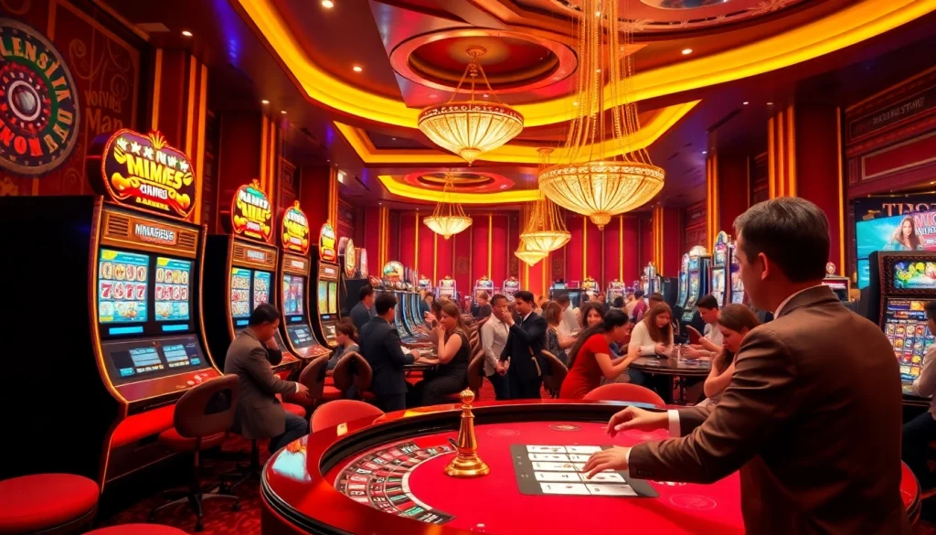 MM888 gamblers enjoying a thrilling casino experience with vibrant slot machines and poker tables.