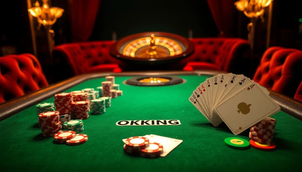 Experience the excitement of OKKING Casino with luxurious poker tables and vibrant gameplay.