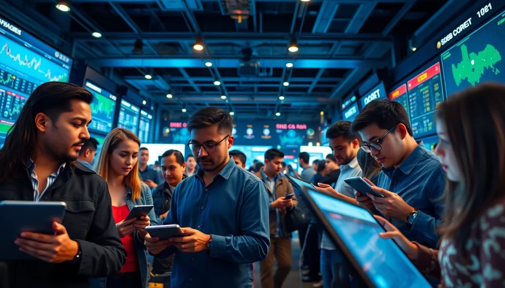 SBOBET.dance users enjoying a vibrant online betting experience with digital devices and game interfaces.