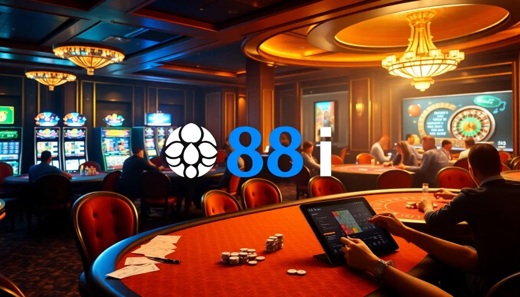 Experience thrilling gameplay at 88i's vibrant casino tables with poker chips, cards, and excitement.