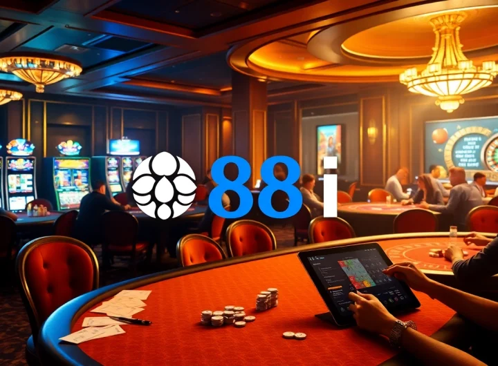 Experience thrilling gameplay at 88i's vibrant casino tables with poker chips, cards, and excitement.