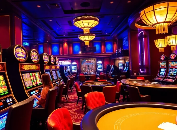 Experience the thrill of nổ hũ with vibrant slot machines and roulette action in a luxurious casino setting.