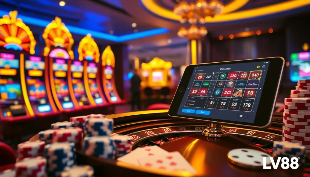 Experience luxury gambling at LV88's vibrant casino scene with slot machines and roulette.