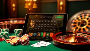 Experience the excitement of game bài đổi thưởng with a dynamic scene featuring poker chips, cards, and an elegant tablet interface.