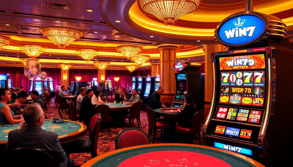 Win79 slot machine captivates players with excitement on a luxurious casino floor.