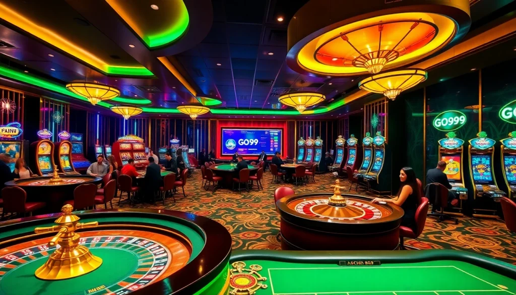 Engage with Go99 at an upscale casino featuring luxurious tables, vibrant slot machines, and online gaming experiences.