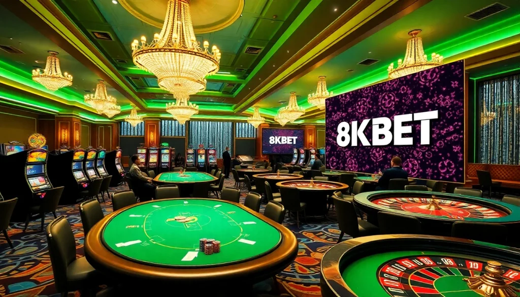 Engaging scene of players at the casino with the 8KBET logo, showcasing luxury gambling experiences.