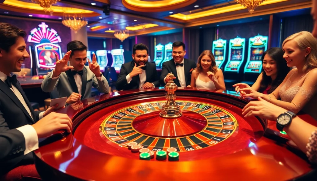 Experience the thrill at https://xx88.eu.com/ with a vibrant casino scene featuring gamers at roulette.