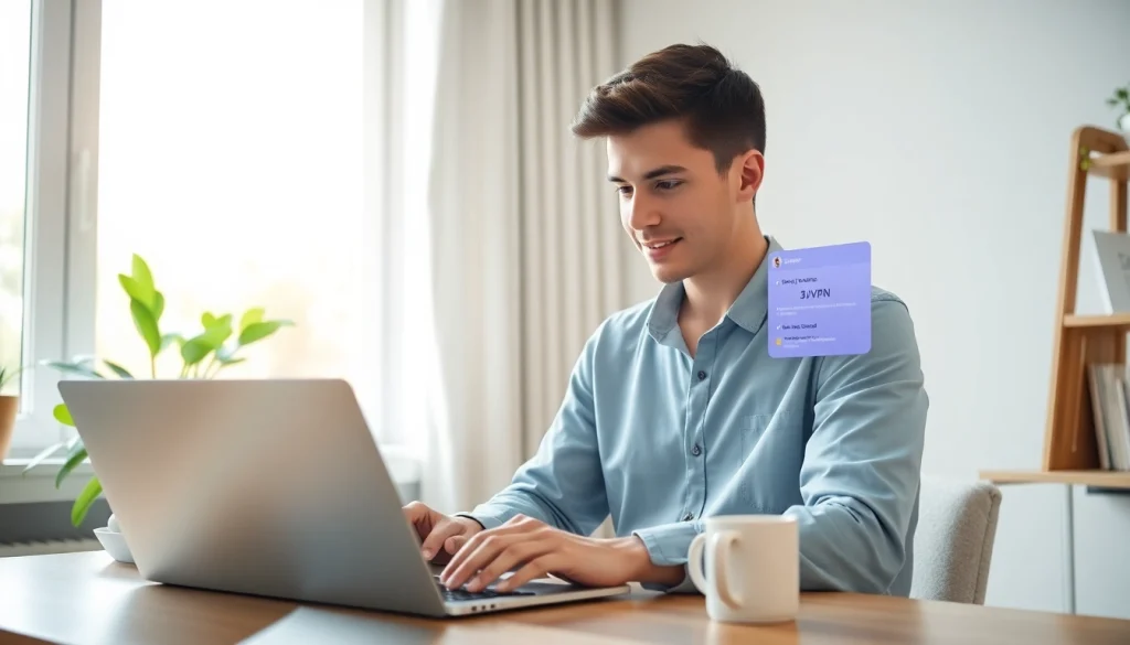 在温馨家庭办公室的笔记本电脑上显示的快连VPN界面，展示全球互联。