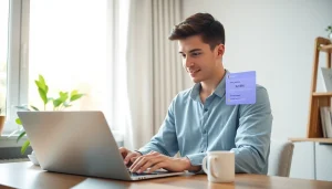 在温馨家庭办公室的笔记本电脑上显示的快连VPN界面，展示全球互联。