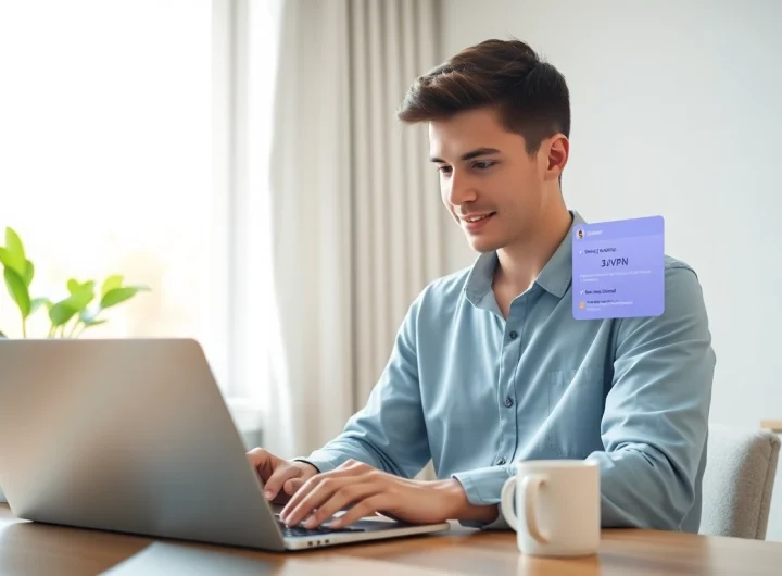 在温馨家庭办公室的笔记本电脑上显示的快连VPN界面，展示全球互联。