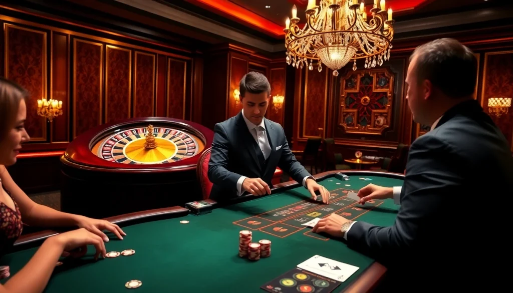 Engaging players at a luxury blackjack table at vvjl6 com with a professional dealer and roulette in the background.