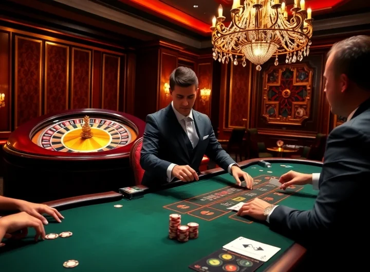 Engaging players at a luxury blackjack table at vvjl6 com with a professional dealer and roulette in the background.
