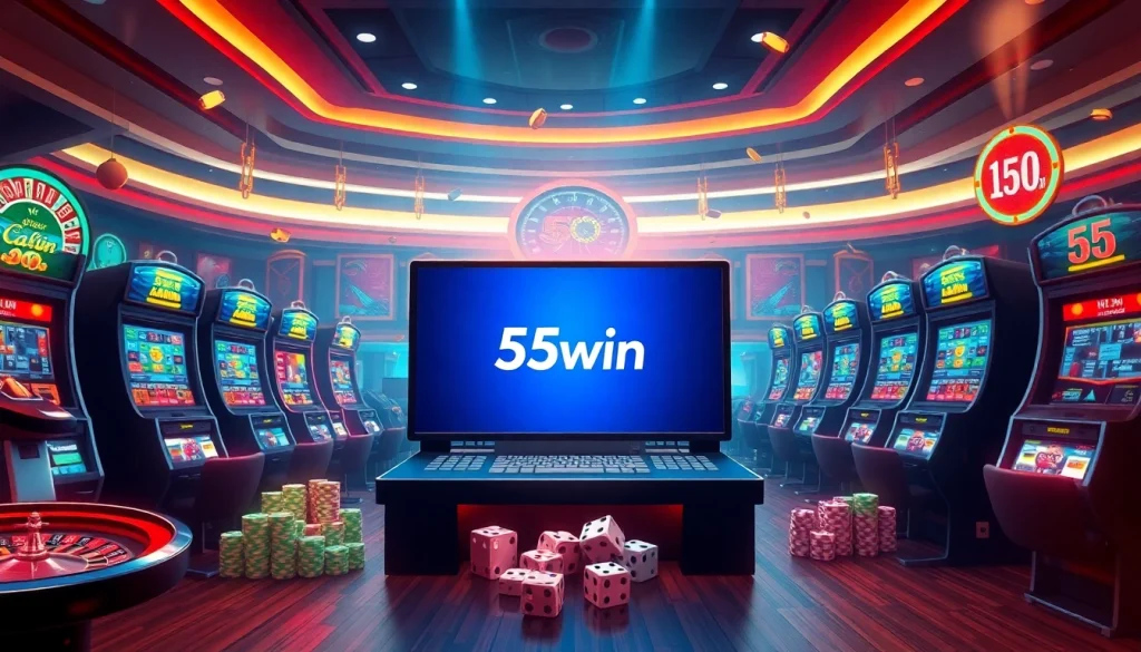 Experience the thrill of 55win online gambling with vibrant casino elements and a high-tech interface.