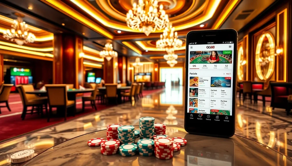 Experience the excitement of gambling at GG88 with poker tables and vibrant chips.