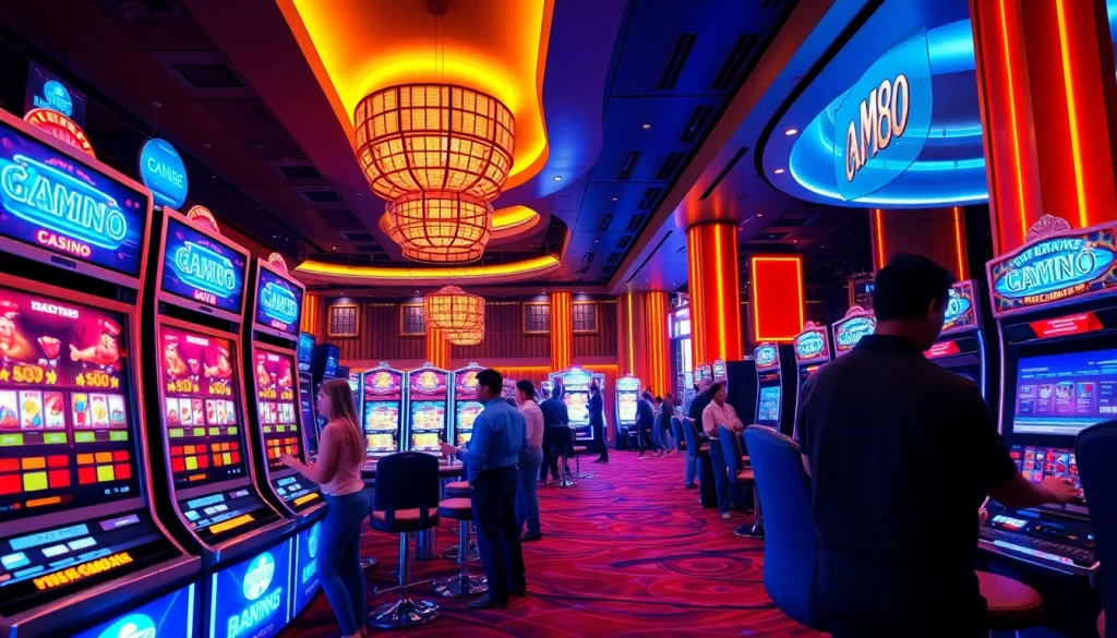 Exciting MM88 online casino scene showcasing luxurious gaming with vibrant slot machines and happy players.