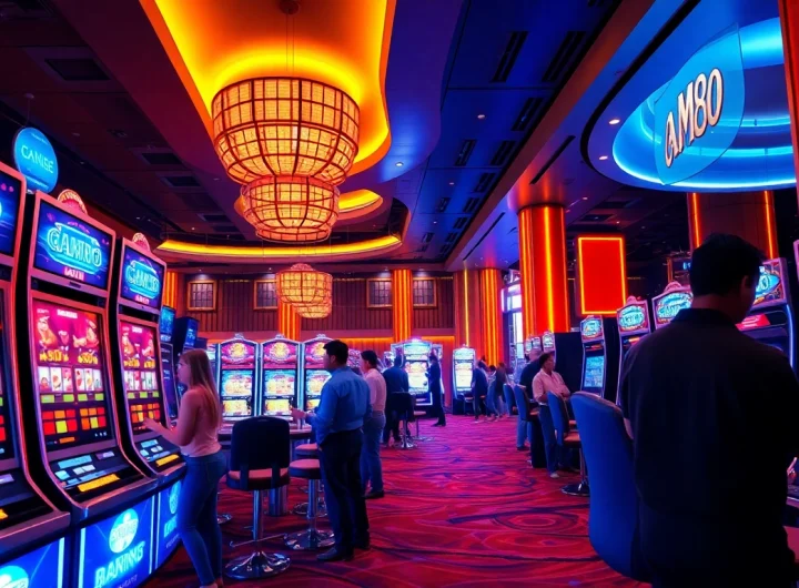 Exciting MM88 online casino scene showcasing luxurious gaming with vibrant slot machines and happy players.