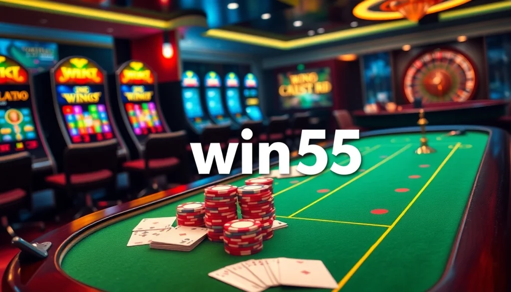 Experience the thrill of win55 gaming with vibrant poker tables and colorful chips.