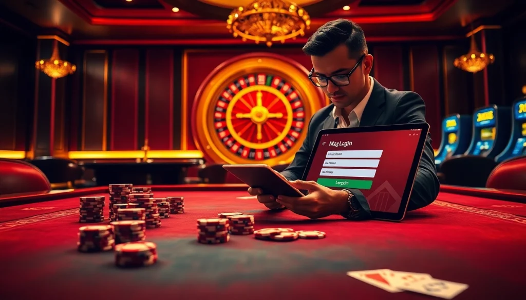 Experience the luxury of Mag Login at a casino table with poker chips and a roulette wheel.