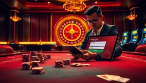 Experience the luxury of Mag Login at a casino table with poker chips and a roulette wheel.
