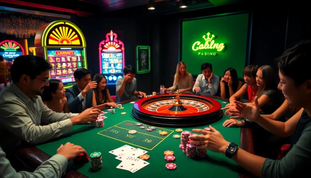 Players engaging at a vibrant gaming table with poker chips and roulette, capturing the energy of trang okfun.