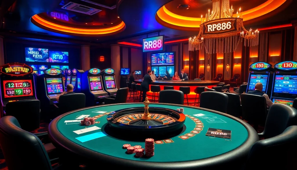 Engaging scene of rr88 đăng nhập at a vibrant casino with poker tables and slot machines.