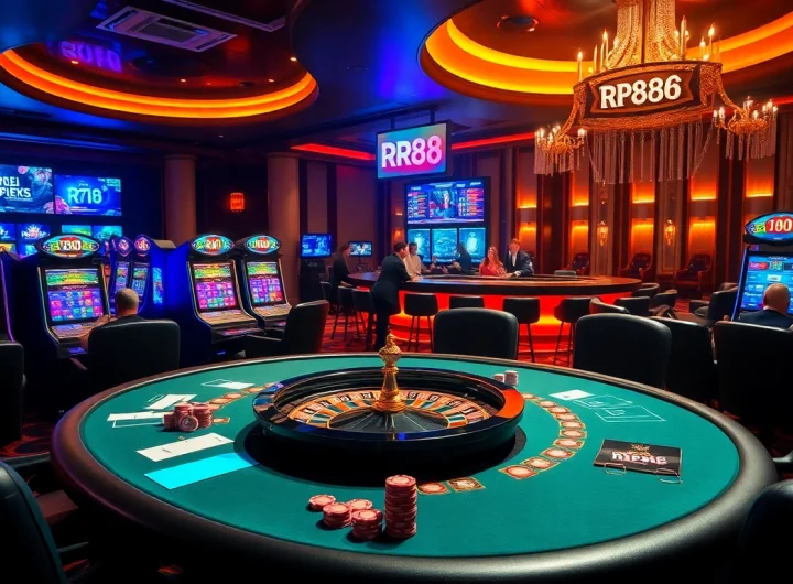 Engaging scene of rr88 đăng nhập at a vibrant casino with poker tables and slot machines.