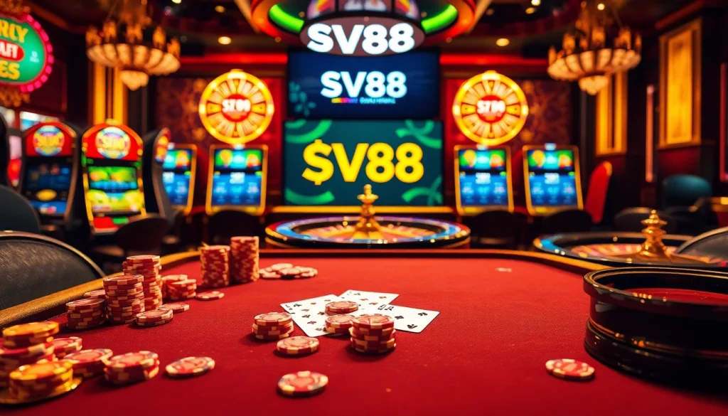 Experience the thrill of gambling at SV88 with vibrant poker chips and cards on display.