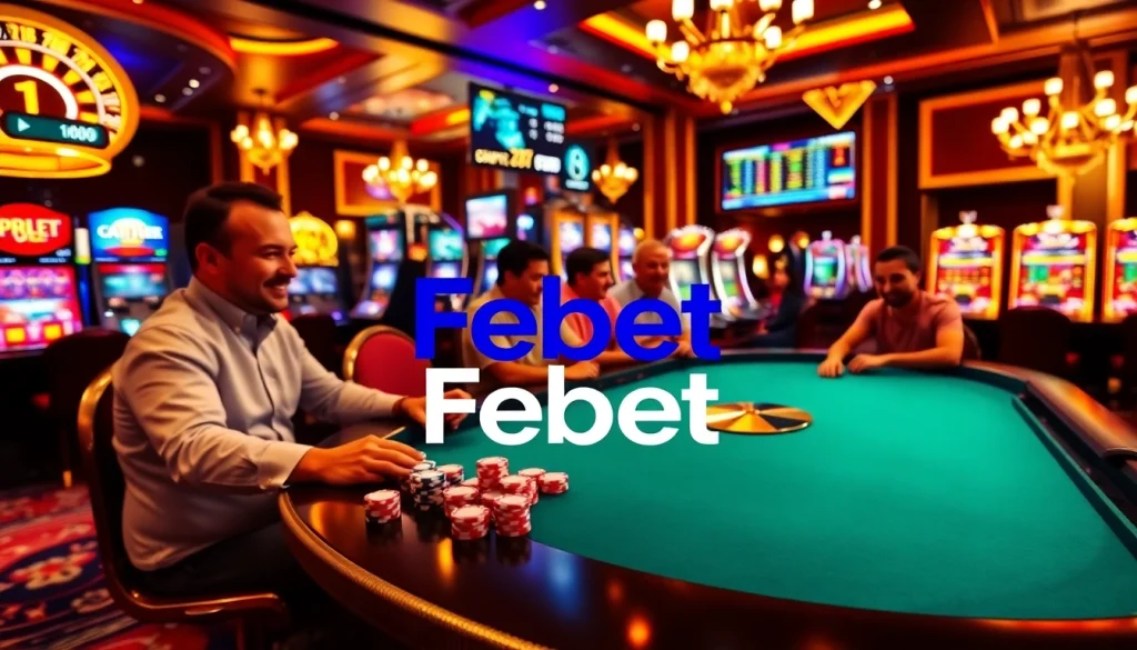 Betting excitement at Febet casino with players engaged at a poker table.